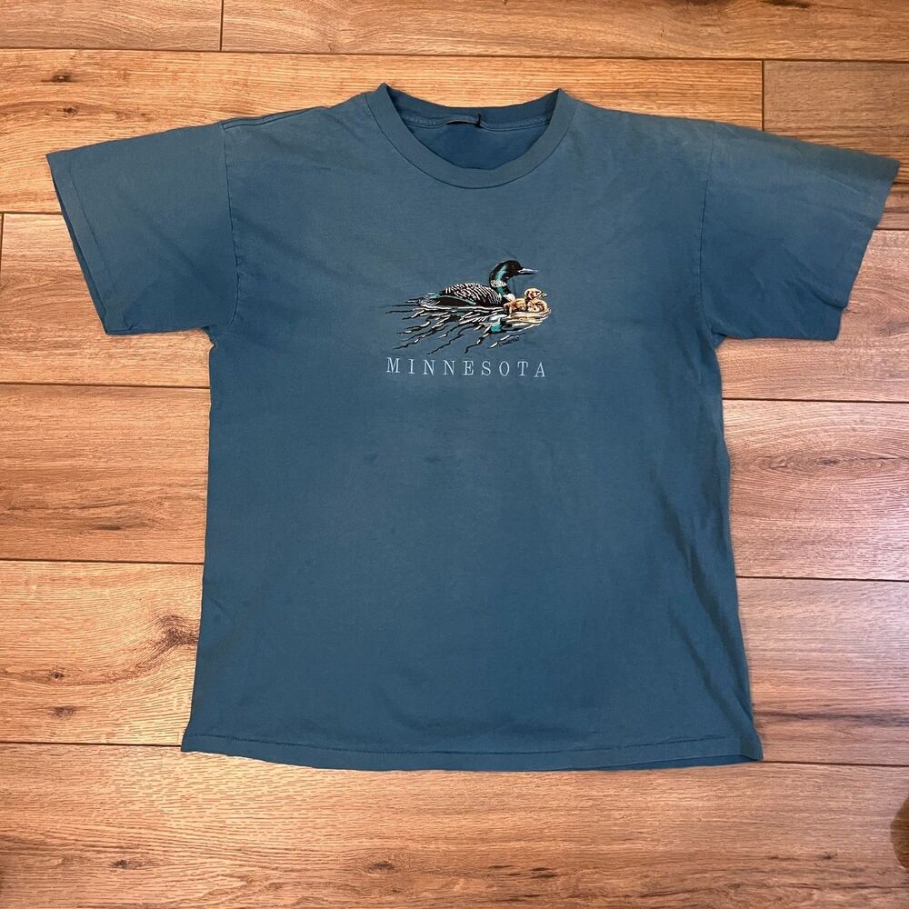 Vintage 90s Habitat Embroidered Minnesota Loon Blue Green Teal T-Shirt Size M